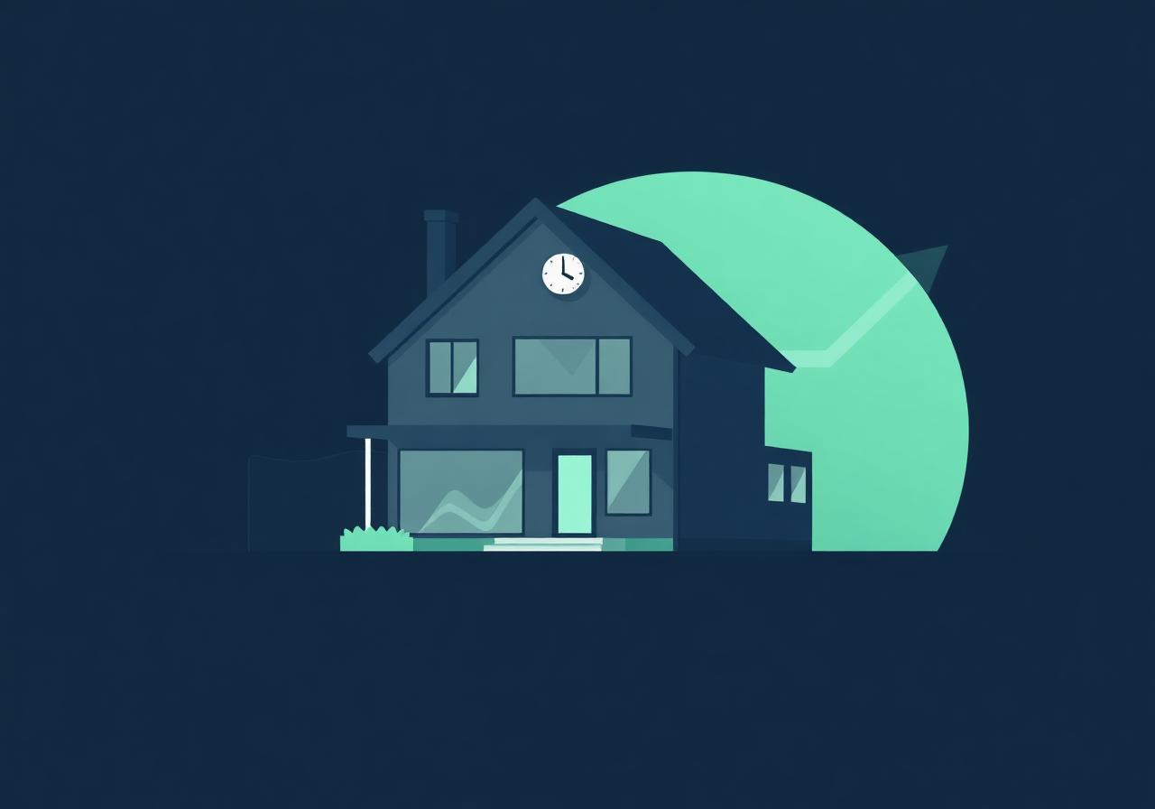Illustration eines Einfamilienhauses mit Uhr und Zinsbindungs-Symbolik