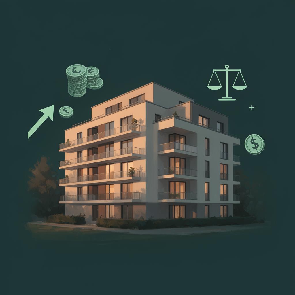 Illustration eines Mehrfamilienhauses mit Cashflow-Pfeilen und Steuerwaage